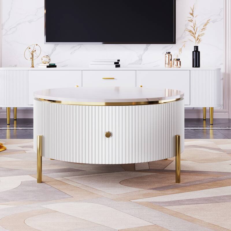 Roomfitters Modern Round Coffee Table with Storage, Gold Metal Legs, White Marble Top, 2 Hidden Compartments 31.5"