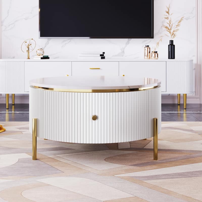 Wood Coffee Table with Storage Drawer, Modern Cocktail Table with Faux Marble Top for Living Room Small Space - White