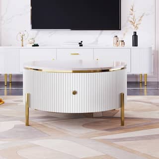 Wood Coffee Table with Storage Drawer, Modern Cocktail Table with Faux Marble Top for Living Room Small Space