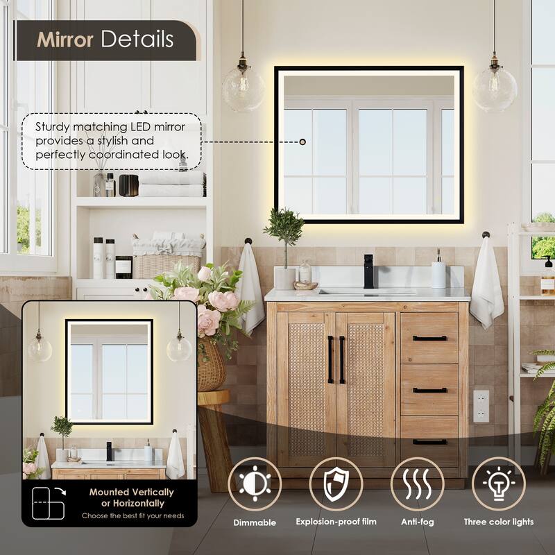 Floral Single Bathroom Vanity in Light Brown with Calacatta White Quartz Countertop with Mirror