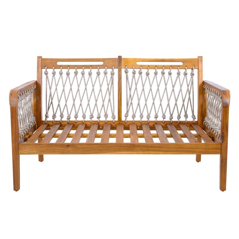Christopher Knight Home - Outdoor 4-Piece Chat Set with Acacia Loveseat, Armchairs & Coffee Table, Handwoven Rope Accents