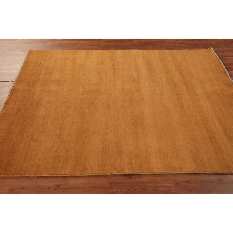 Modern Gabbeh Oriental Rug Handmade Solid Yellow Wool Carpet - 5'0" x 6'6"