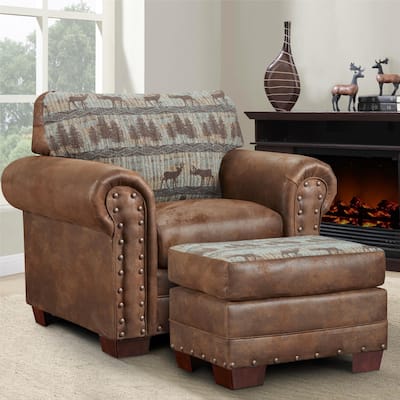 American Furniture Classics Model 8501-00-90 Deer Teal Tapestry Lodge Arm Chair with Matching Ottoman