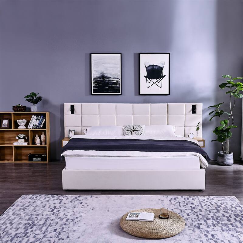 King Size Velvet Hydraulic Storage Bed with LED Lights & USB Charging - Beige