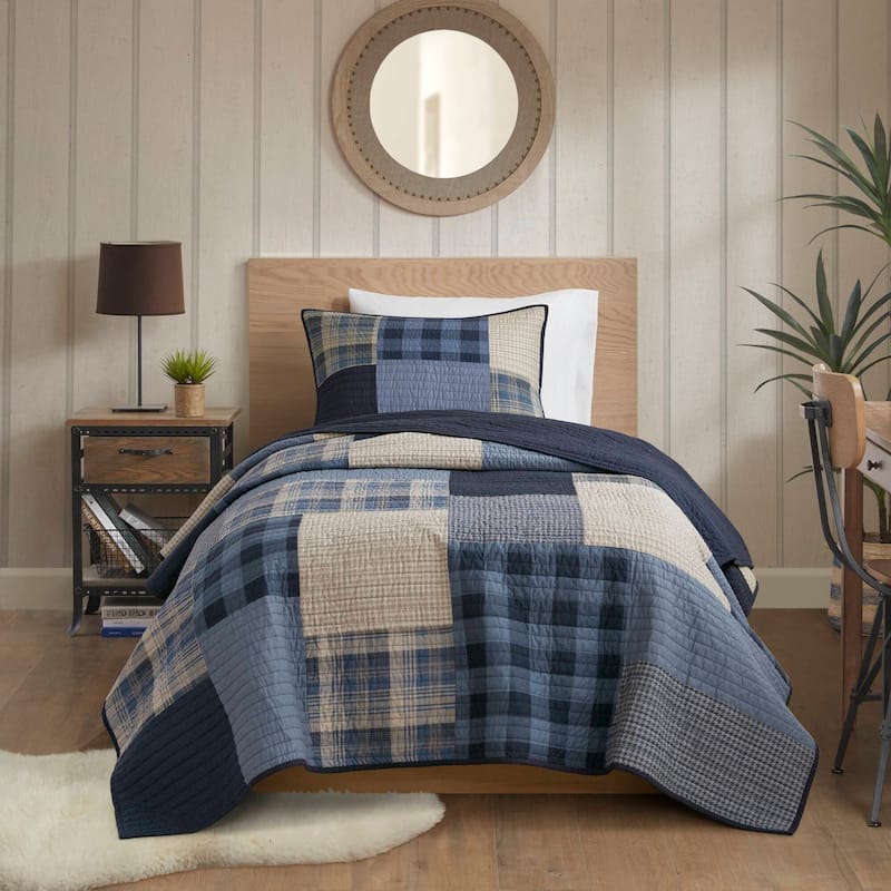 Woolrich Winter Hills Tan Oversized Cotton Quilt Set - Blue - Twin