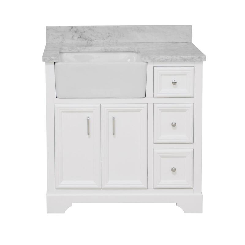 KitchenBathCollection Zelda 36" Farmhouse Bathroom Vanity with Carrara Marble Top