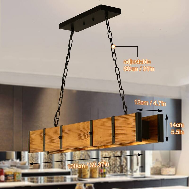 Rustic Farmhouse Chandelier Wood Hanging Light LED 3 Color Dimmable - 39.37x4.72x5.51in