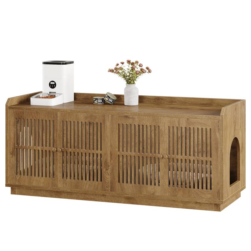 2 Cats Litter Box Enclosure, 55.1-Inch Extra Large Hidden Litter Box Furniture, Wooden XL Cat Washroom Furniture with Storage