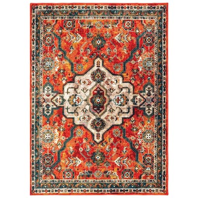 Strick & Bolton Vivica Orange/ Blue Medallion Area Rug