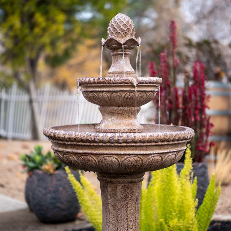 XBrand 39" 2-Tier Outdoor Freestanding Solar Water Fountain - Classic Sand Stone Resin Bird Bath with Pump - Solar Powered