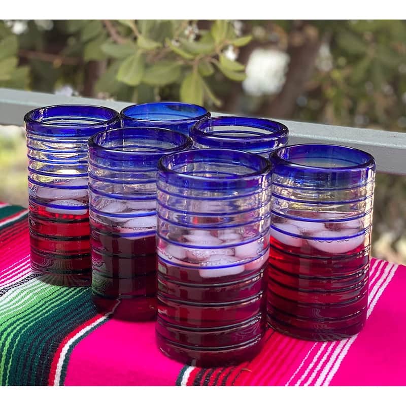 Dos Sueños Hand Blown Mexican Drinking Glasses - Set of 6 Glasses with Cobalt Blue Spiral Design (14 oz each)