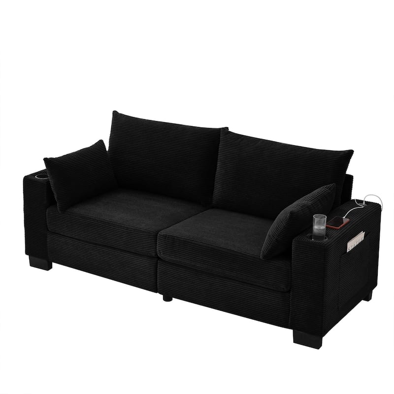 78" Corduroy 3-Seater Sofa with USB Ports, Cup Holders and Side Pockets