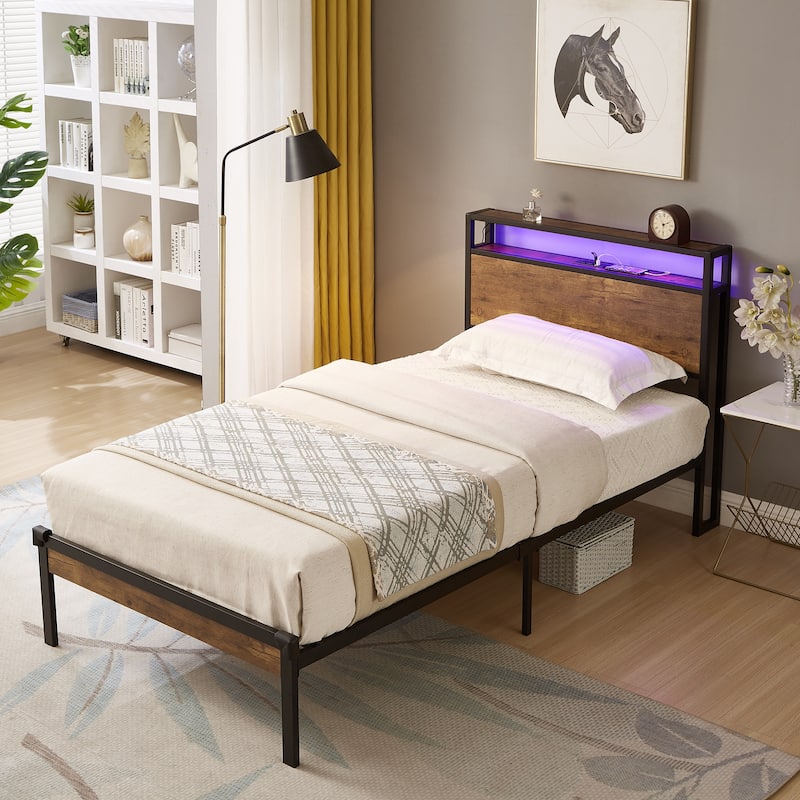 Modern Metal Platform Bed with Wooden Headboard and LED Lights for Bedroom - Black+Brown - Twin