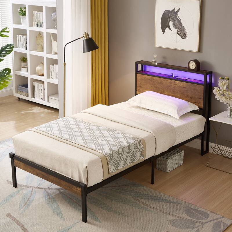 Twin Size Metal Platform Bed Frame w/Headboard, USB LINER & LED Lights - Black+Brown