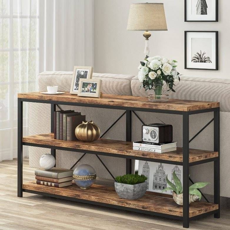 55 Inch Wooden Console Table with Sturdy Metal Frame Shelves for Storage and Decoration - 55.12”L x 11.81”W x 29.92”H