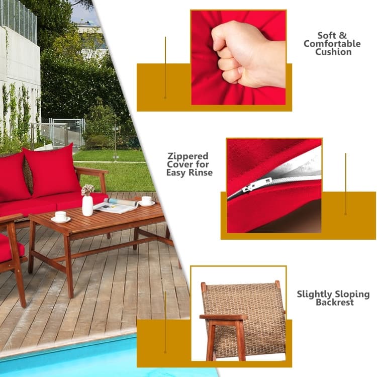 4 Piece Acacia Wood Patio Rattan Furniture Set with Cushions - 45" x 27.5"x 29.5" (L x W x H)