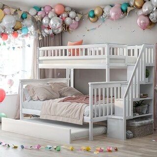 Twin over Full Bunk Bed with Trundle and Staircase,With A Slat Design On The Guardrails, Headboard, And Footboard,White