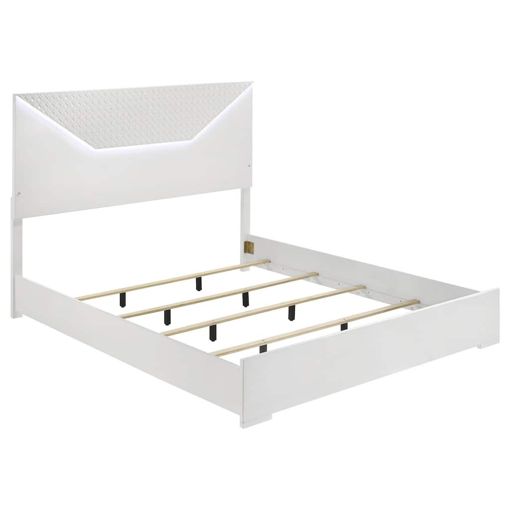 Ivon King Bed, 3D Embossed LED Headboard, Glossy White Solid Wood