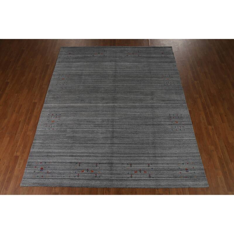 Hand Knotted Oriental 100% Wool Carpet Tribal Stripe Greys & Charcoal Gabbeh Area Rug - 9' 10'' X 8' 1''