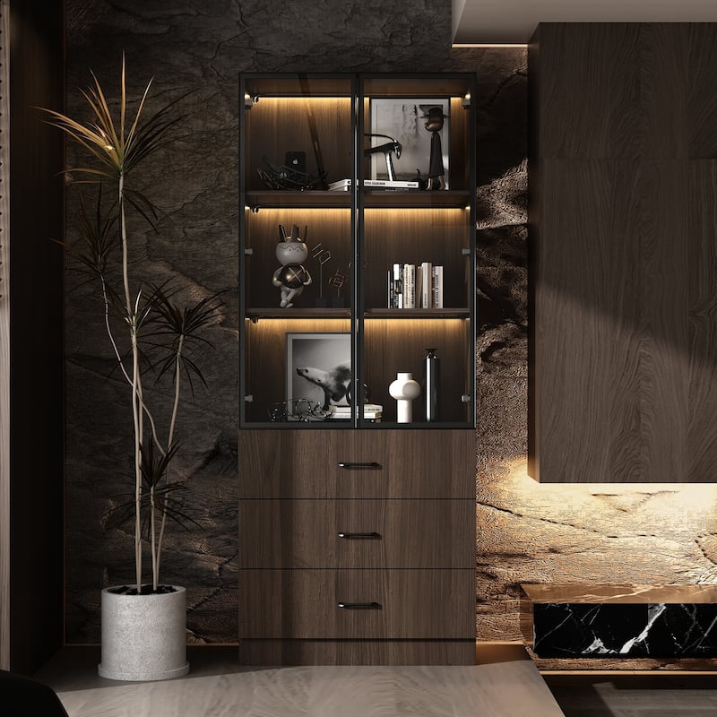 Aluminum and Glass Lighted Cabinet Customizable for Buffet/Bookshelf