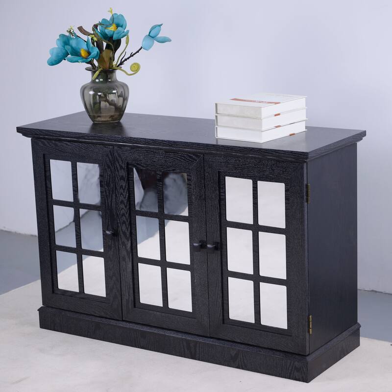 45" W Storage cabinet with 3 mirrored acrylic doors, sideboard with adjustable shelves for living room, dinning room