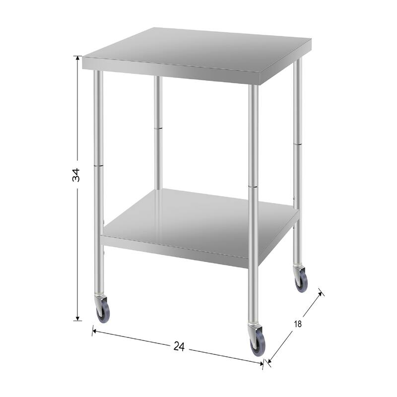 30 x 24in Stainless Steel Kitchen Prep Table with Under Shelf and Wheels - 24 x 18in