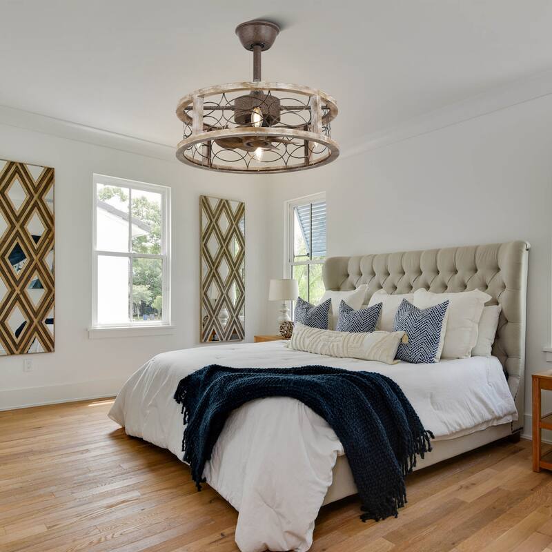 Bella Depot 18' Farmhouse Wood Cage Ceiling Fan, 3-speed Reversible Ceiling Fan with Light kit and Remote Control - 18 Inches