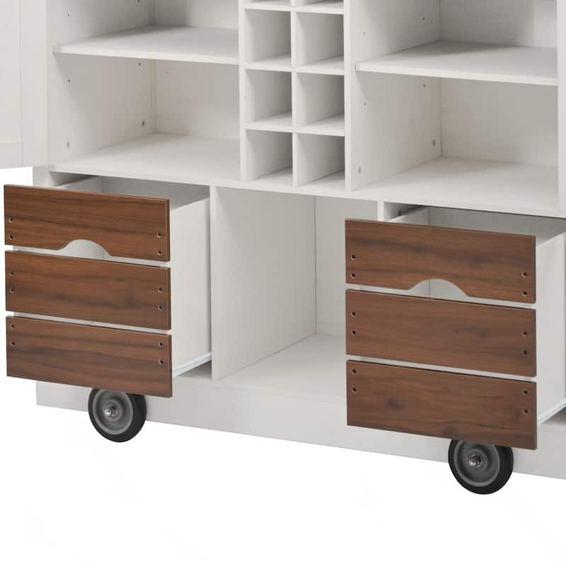 Farmhouse Kitchen Island with Drop Leaf, Power Outlet, Kitchen Storage Cart with 2 Doors, 2 Drawers