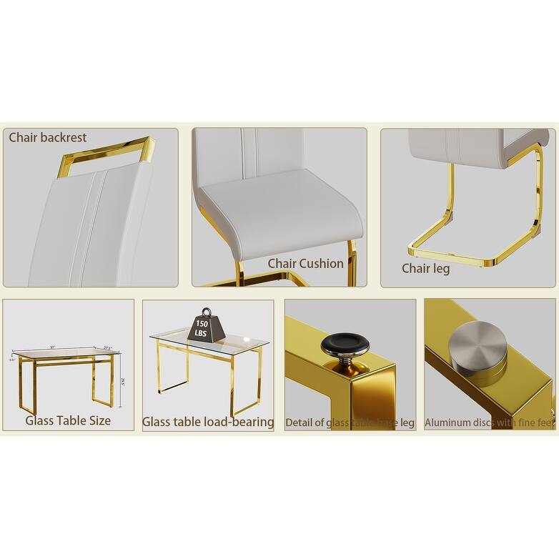 5-Piece Glass Dining Table Set with Gold Metal Legs and 4 PU Upholstered Chairs