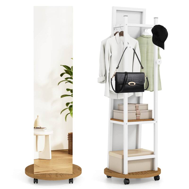 Costway Coat Rack with Full Length Mirror, 3 Hooks & Storage Shelves, - See Details - Natural