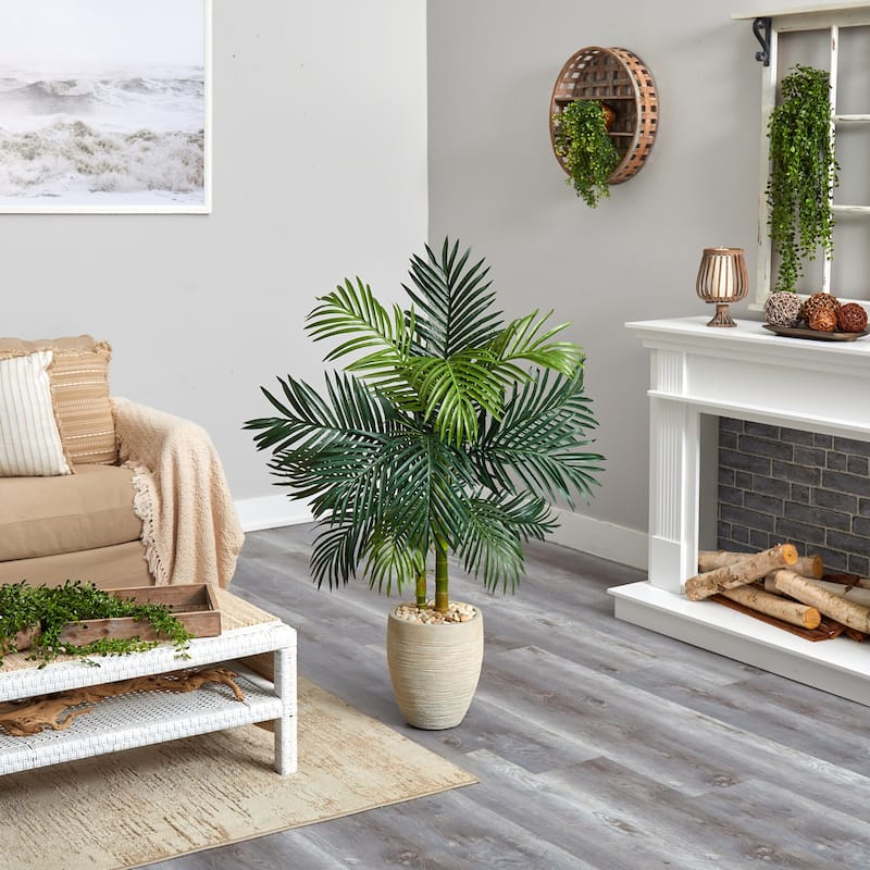 4.5ft Golden Cane Palm Artificial Tree in Oval Planter with Lifelike Green Fronds for Sunroom or Living Room Decor