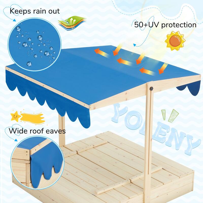 EROMMY Kids Wooden Sandbox with 2 Foldable Bench Seats and Adjustable Canopy Roof