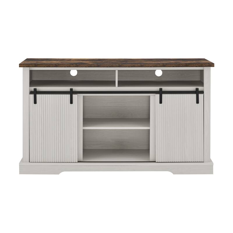 Rustic Sliding Barn Door TV Stand with Upper Lower Storage Shelf and Adjustable Shelves for Living Room