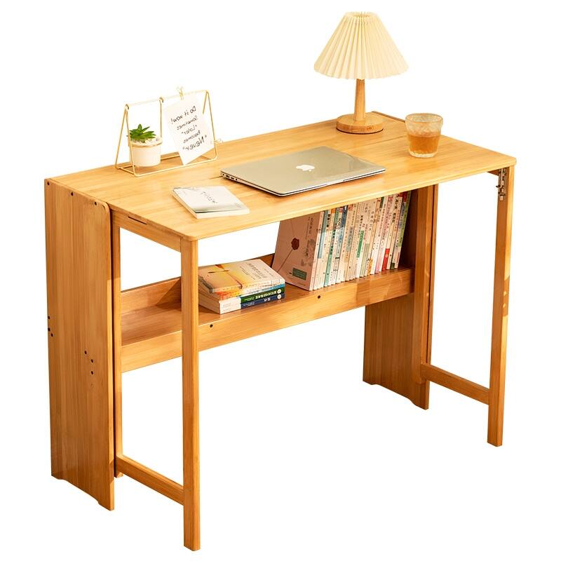 Bamboo Folding Desk, Space-Saving Foldable Computer Desk with Storage Shelf for Home Office, Dorm or Small Spaces