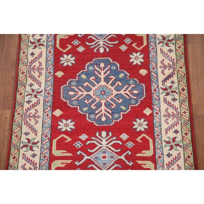Hand Knotted Oriental 100% Wool Carpet Traditional Geometric Red Kazak Runner Rug - 8' 1'' X 2' 9''