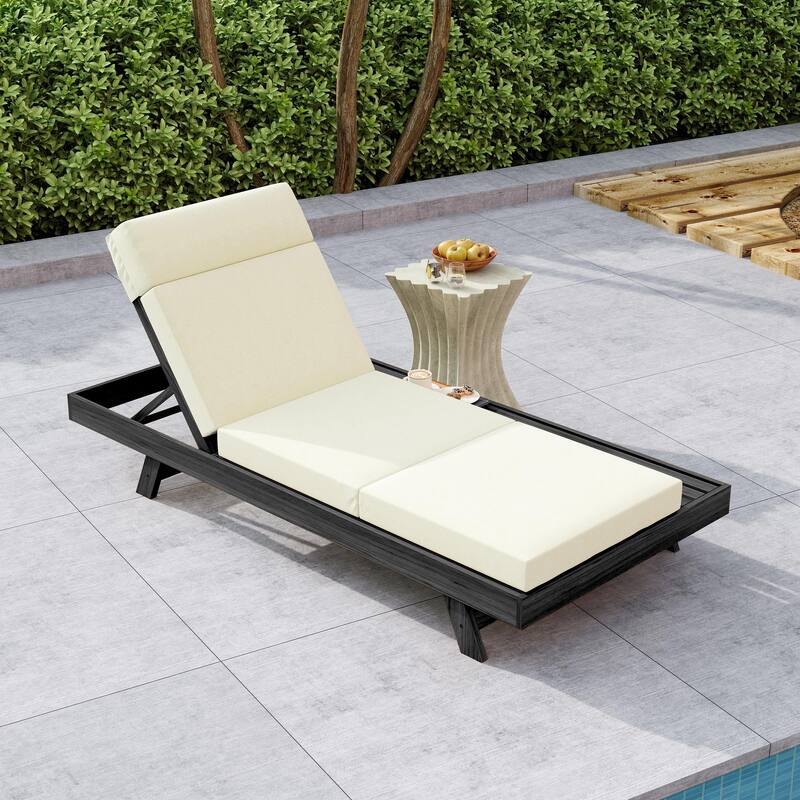 Outdoor Patio Acacia Wood Chaise Lounge Chair with Adjustable Backrest, Side Open Storage and Water-Repellent Cushions