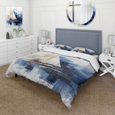 Designart "Blue and white Nautical Geometry boat" Coastal Minimalism Bedding Cover Set - Traditional Bed Set with Shams