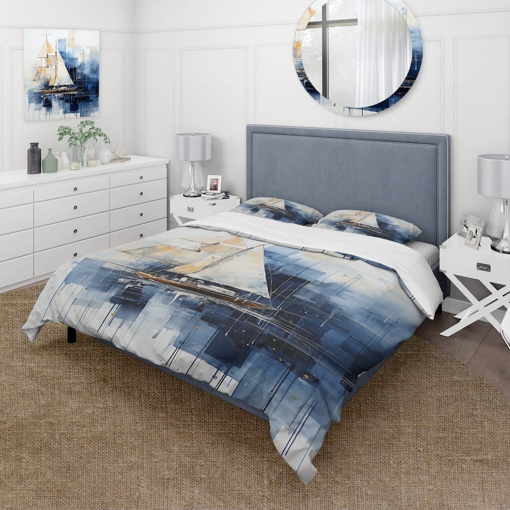 Designart "Blue and white Nautical Geometry boat" Coastal Minimalism Bedding Cover Set - Traditional Bed Set with Shams
