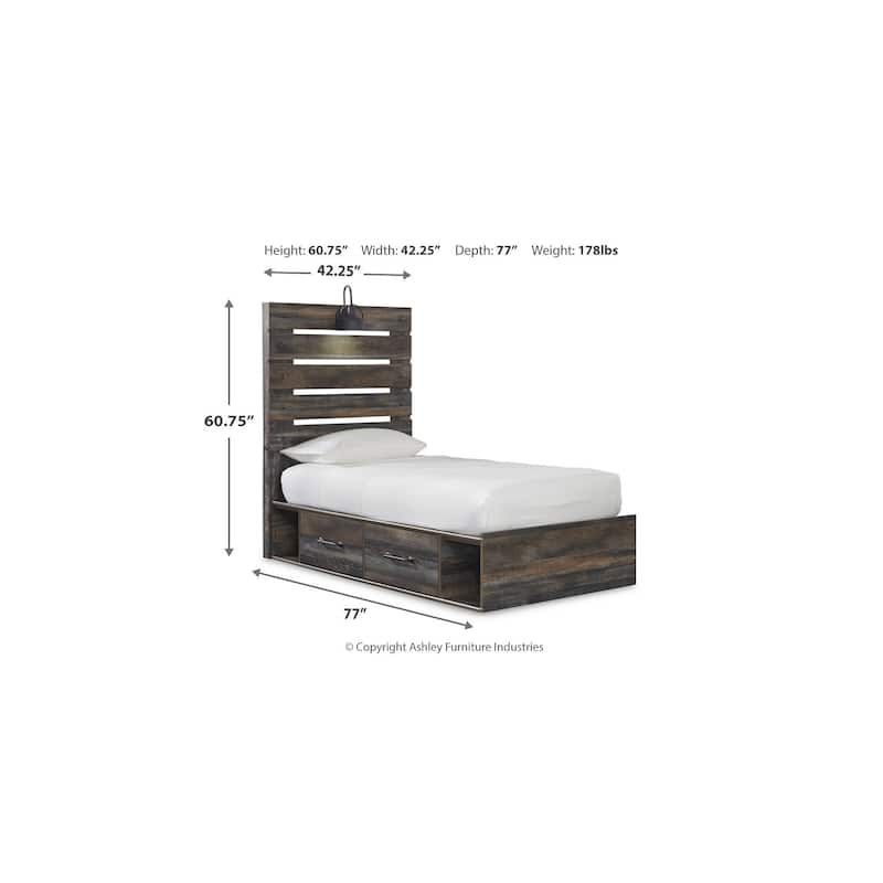 Drystan Rustic Brown Panel Bed with 2 Under Bed Storage Drawers