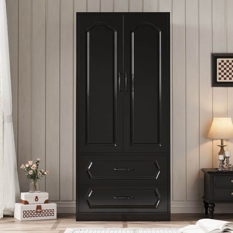 69" Wooden Armoire Wardrobe Closet with Drawers, Modern Bedroom Storage Cabinet with Hanging Rod