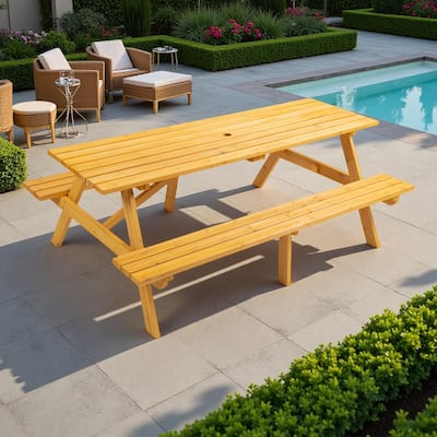 8-Person Outdoor Patio Fir Wood Rectangular Picnic Dining Set with 2 Built-in Benches and Umbrella Hole