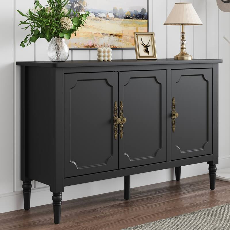 Black 3-Door Storage Cabinet with Adjustable Shelves and Turned Legs