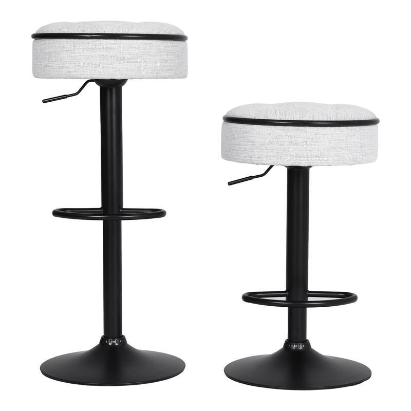 Round Linen Fabric Bar Stools Set of 2, Height Adjustable/360°Counter Height Swivel Stool