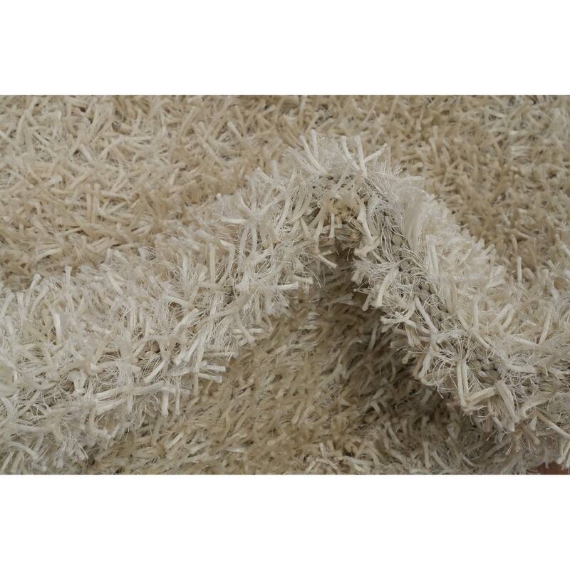 Hand Knotted Oriental Polyester Carpet Modern Solid Beige & Ivories Shaggy Area Rug - 3' 6'' X 1' 10''