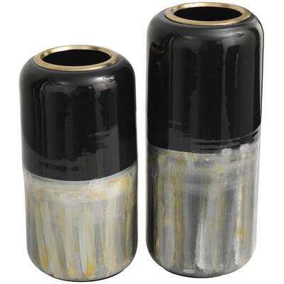 Metal Abstract Colorblock Decorative Vase with Paint Streak Designs - Set of 2 Silver or Green - Roche River Decor