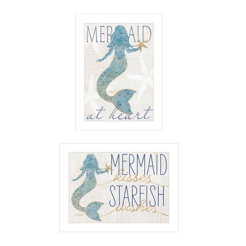 2-Piece Framed Wall Art Set - Two Mermaids, White Frame