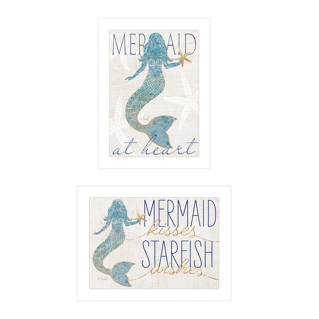 2-Piece Framed Wall Art Set - Two Mermaids, White Frame