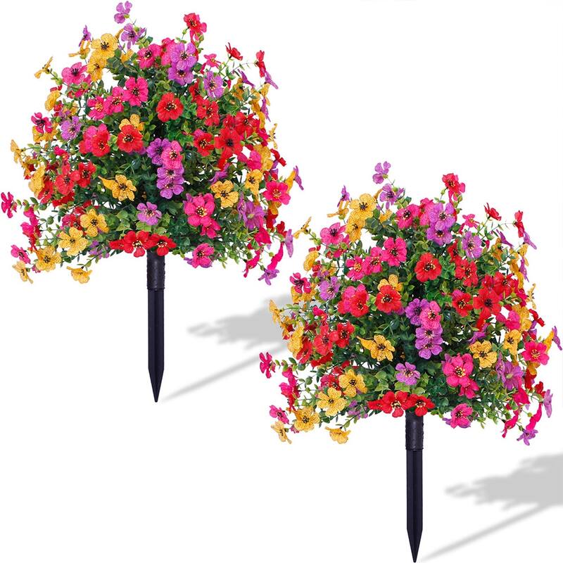 2FT Artificial Trees With Ground Spike 2 Pack, Weather-Resistant Faux Shrubs Bushes Potted Plants With Flowers Outdoor - Color Mixing