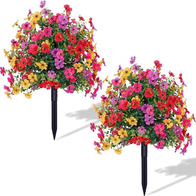 2FT Artificial Trees With Ground Spike 2 Pack, Weather-Resistant Faux Shrubs Bushes Potted Plants With Flowers Outdoor