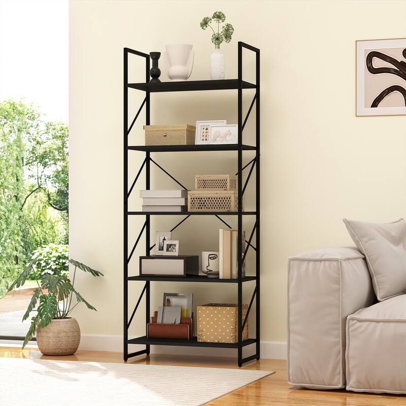 Moasis Industrial 62" Tall 5-Tier Bookshelf Open Shelf Bookcase for Living Room - Black